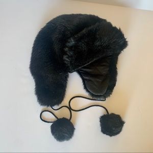 Black Faux Fur Trapper Hat with Puff Balls